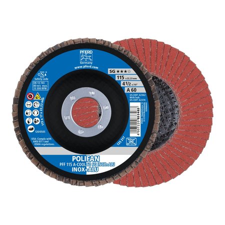 Pferd 4-1/2" x 7/8" A.H. POLIFAN® Flap Disc - A-COOL SG INOX+ALU, Aluminum oxide, 60 Grit, Flat 62362